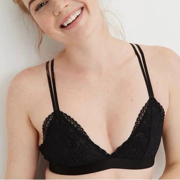 Aerie Black Far Out Lace Strappy Triangle Unlined Bralette Women's Size Medium - Picture 1 of 8